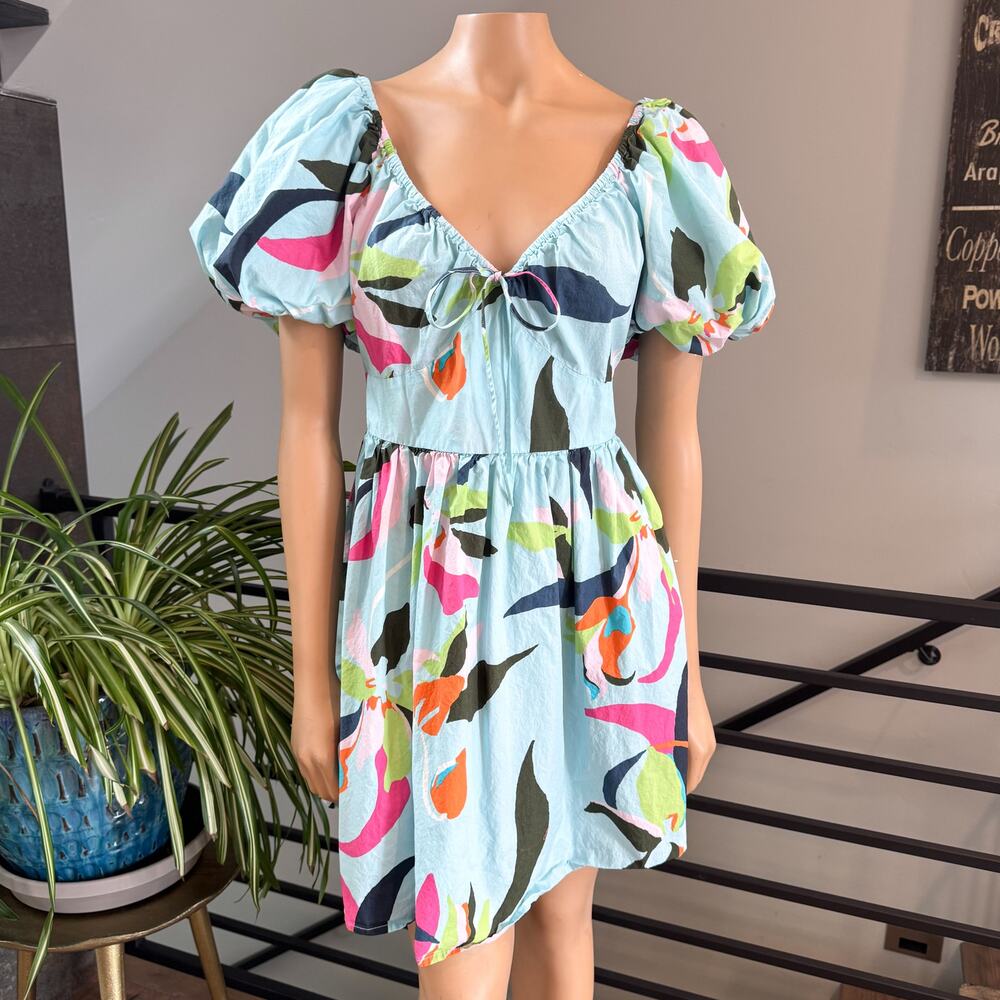 A New Day Summer Smocked Floral Puff Sleeve Mini Dress Boho Tropical - Medium